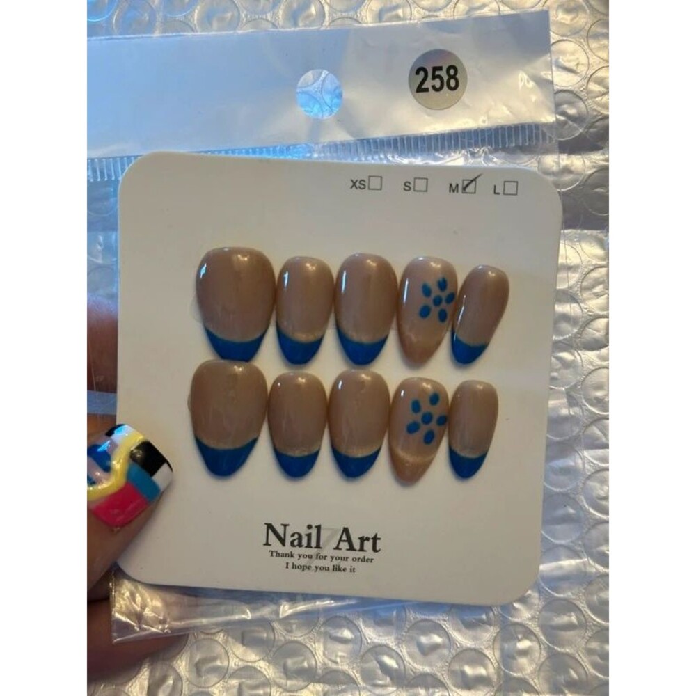 Blue French Tip Cat Eye w/ Flower Short Almond Press On Nails Size Medium